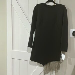 SHO black long sleeve dress with rhinestone fringe